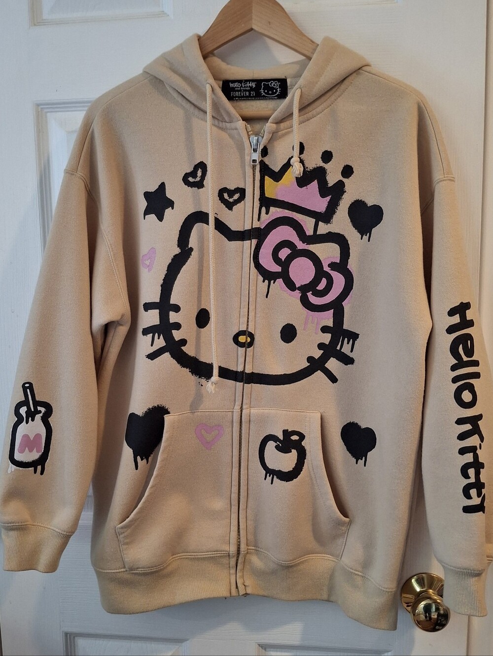 Hello Kitty Forever 21 Sweatshirt Hooded Full Zip Ribbed Hem Cuffs Womens M